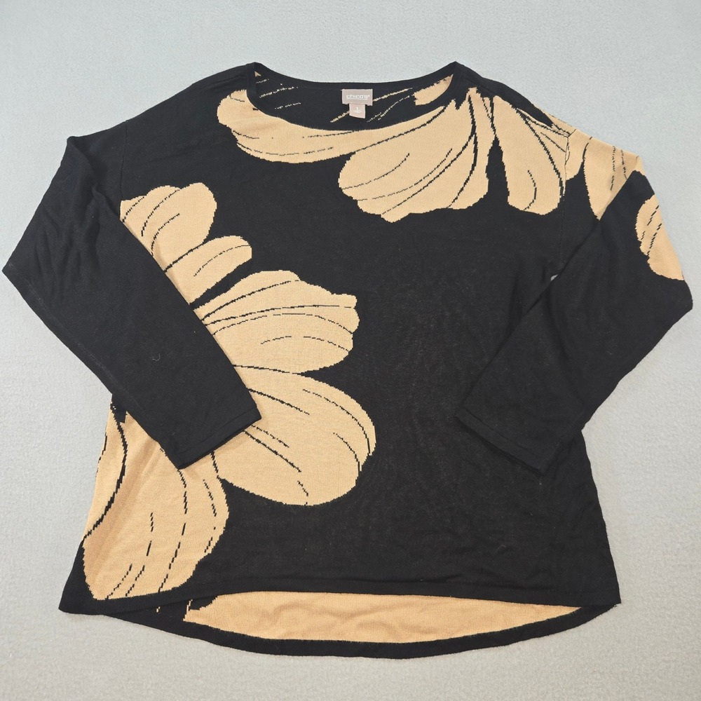 Chico's Sweater Womens 1 Black Tan Floral Long Sleeve Rayon Boat Neck Pullover